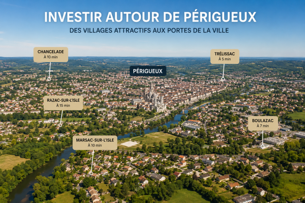 Vue aérienne des villages autour de Périgueux avec des maisons individuelles au cœur de la campagne périgourdine.
